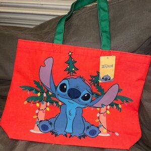 Disney Stitch Christmas Tote Bag with Green Handles Red Blue